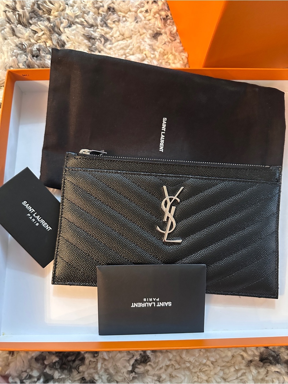 BNWT Saint Laurent Black Quilted Leather YSL Zip Pouch with Gold Logo